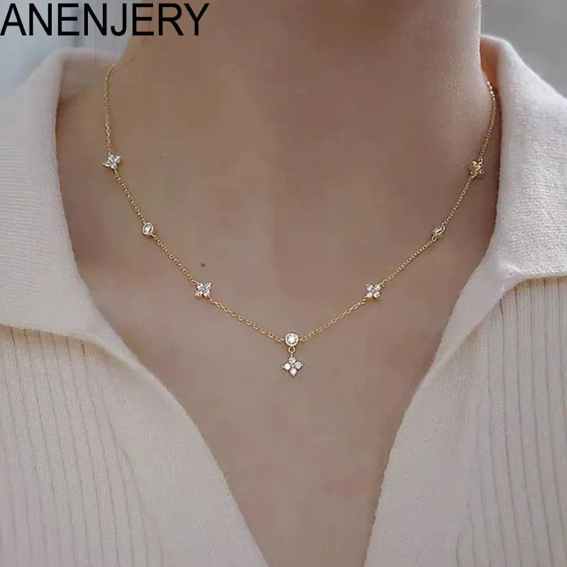ANENJERY Four-Leaf Zircon Flower Necklace – Elegant Light Luxury Choker for Women