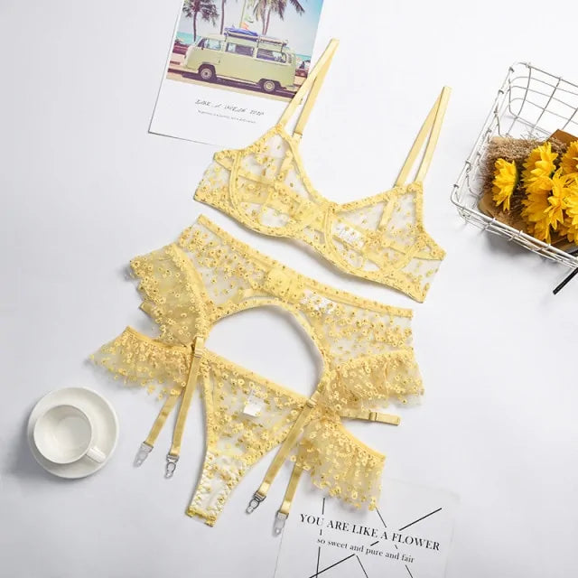 Yellow Floral Mesh Patchwork Underwear Set