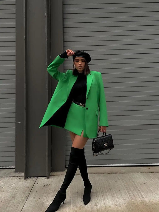 Green Straight Blazer Skirt Set