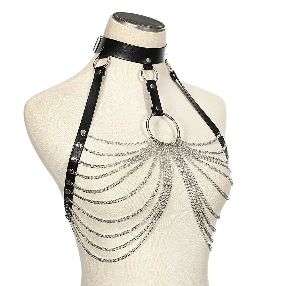 Goth Leather Body Harness Chain Bra