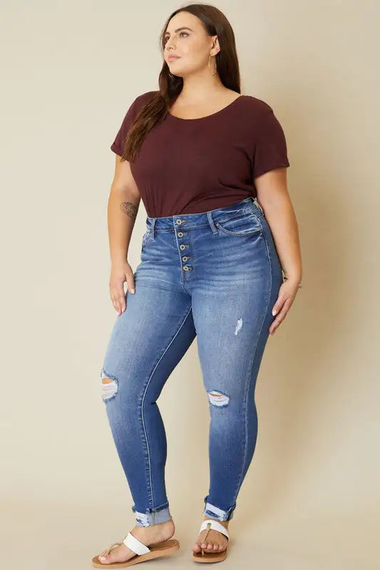 Plus High Rise Button Skinny Jeans