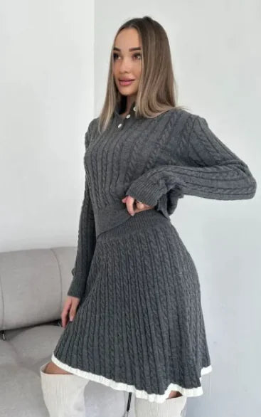 Long Sleeve Knitted Button Sweater Dress Suit