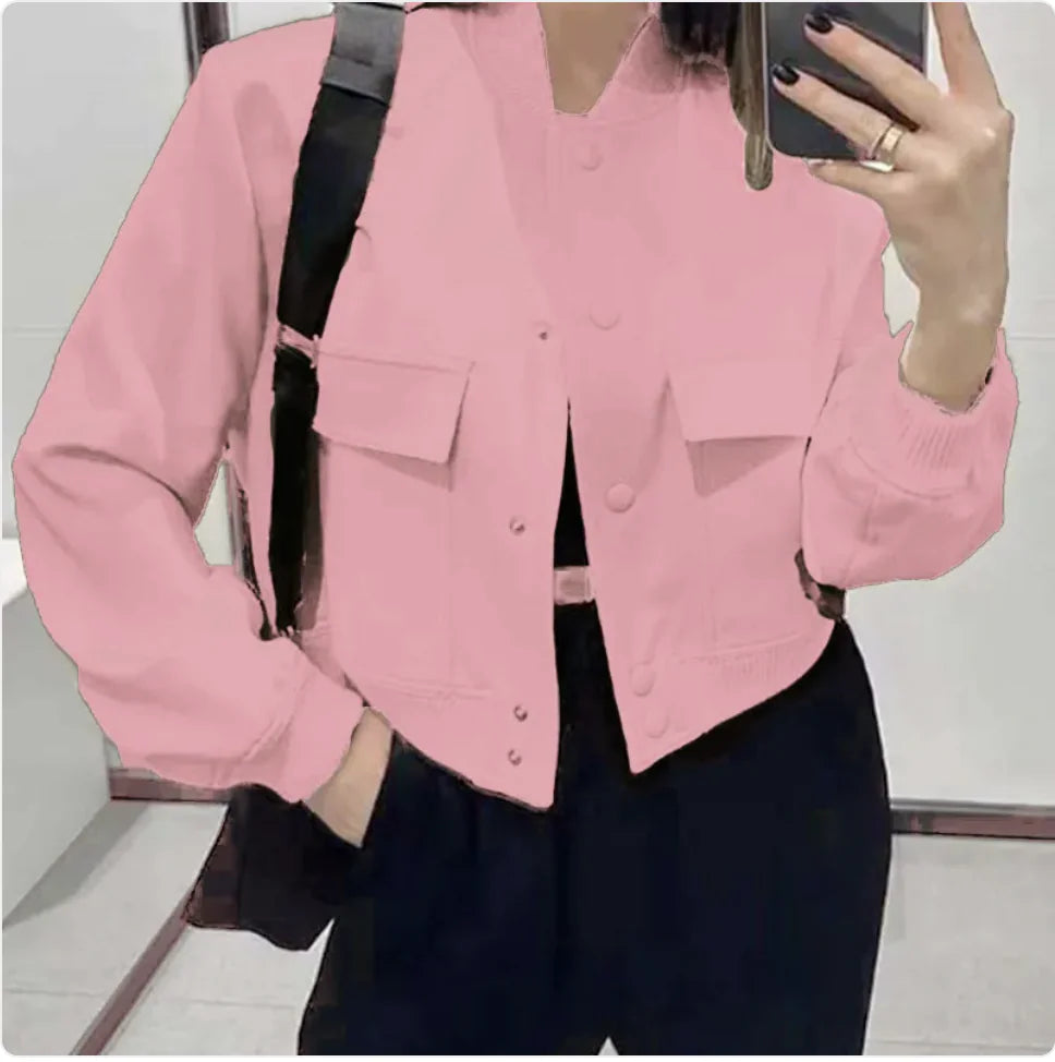 Casual Stand-Collar Button Jacket with Large Pockets