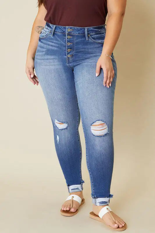 Plus High Rise Button Skinny Jeans