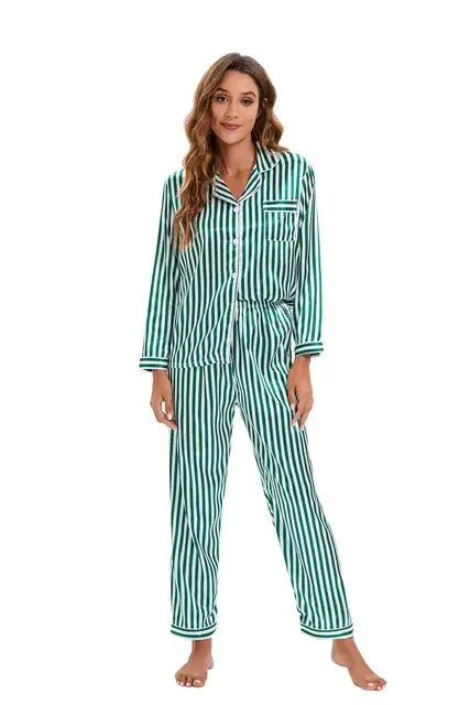 Tweedelige pyjamaset voor dames, gestreepte satijnen zijden nachtkleding