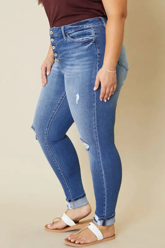 Plus High Rise Button Skinny Jeans