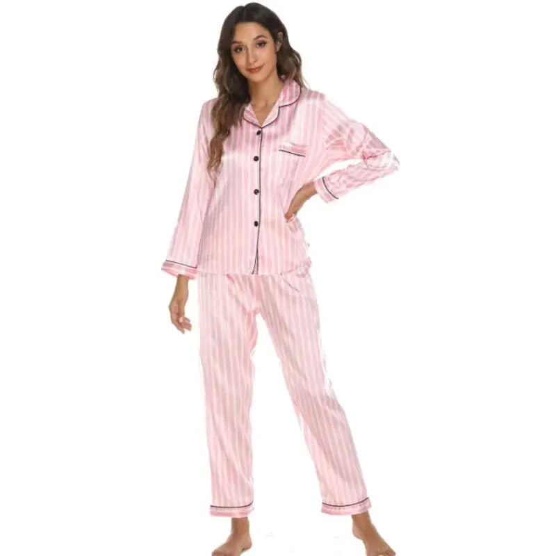 Tweedelige pyjamaset voor dames, gestreepte satijnen zijden nachtkleding