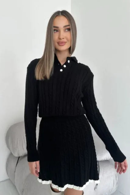 Long Sleeve Knitted Button Sweater Dress Suit