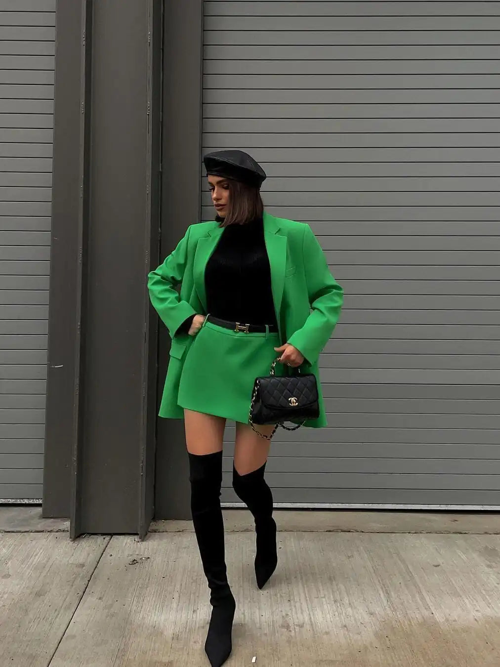 Green Straight Blazer Skirt Set