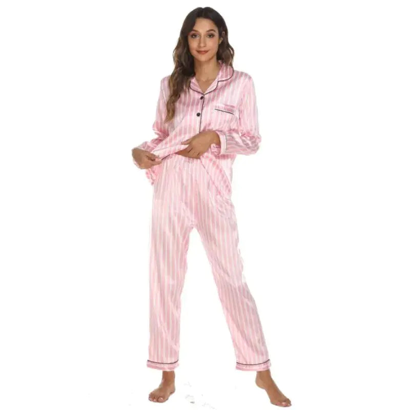 Tweedelige pyjamaset voor dames, gestreepte satijnen zijden nachtkleding