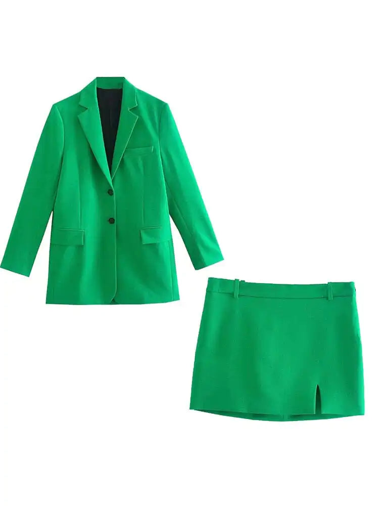 Green Straight Blazer Skirt Set