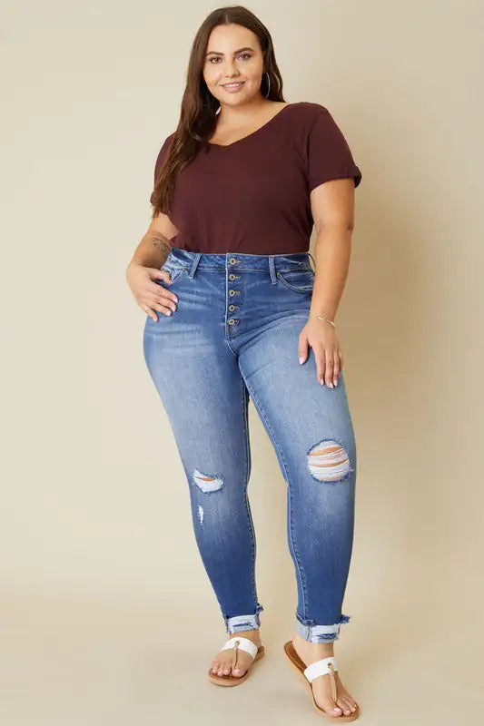 Plus High Rise Button Skinny Jeans